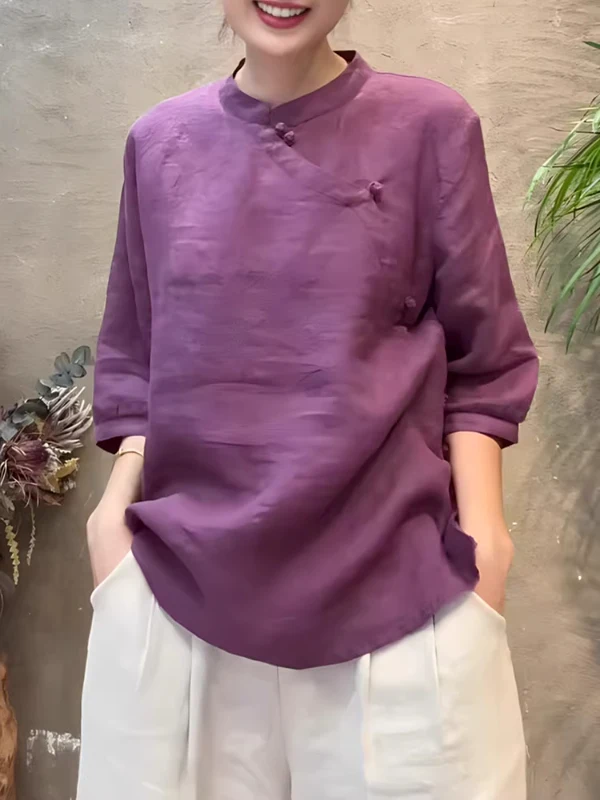 

New Chinese Sle Women's Linen irt Early Autumn Vintage National Sle Zen Collar Cotton Linen Five Sve Tops