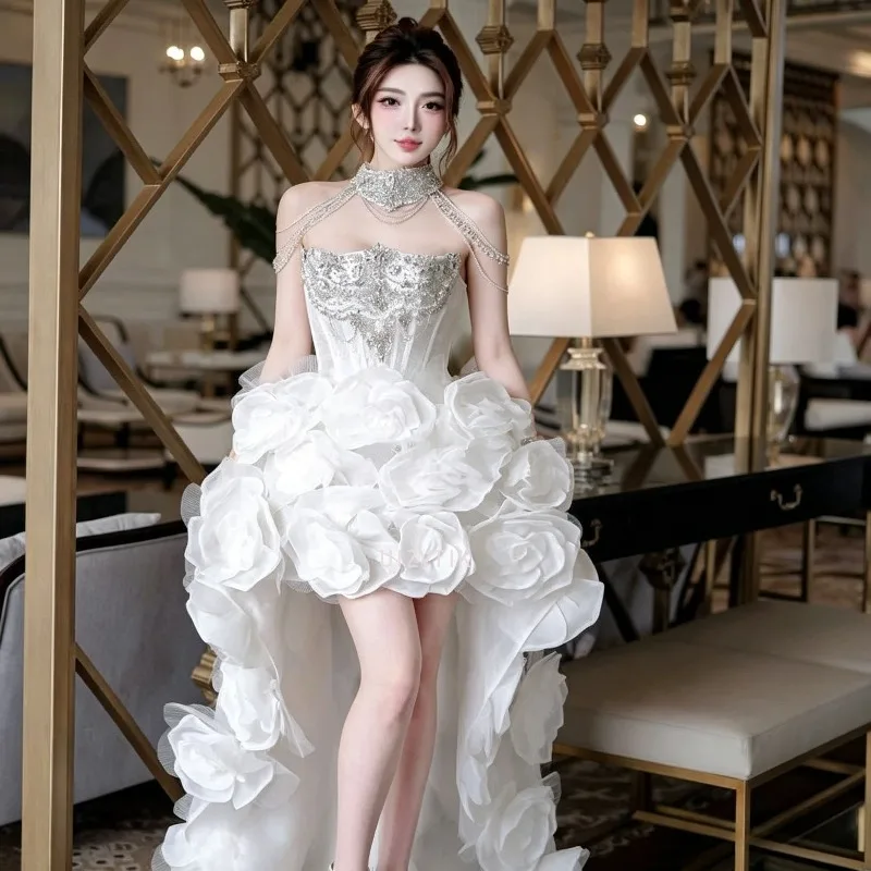 

White High Low Wedding Dress Women 3D Flower Appliques Halter Beaded Sparkly Prom Dress Customized Formal Evening Party Gown