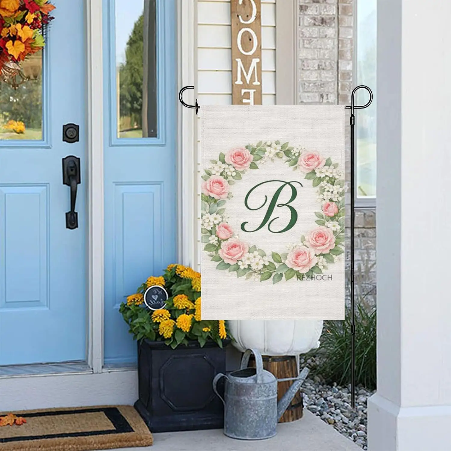 Spring Summer Floral Monogram Garden Flag 12x18 Inch,Pink Rose Wreath Letter B,Rustic Farmhouse Outdoor Yard Decor,Double Si AAS