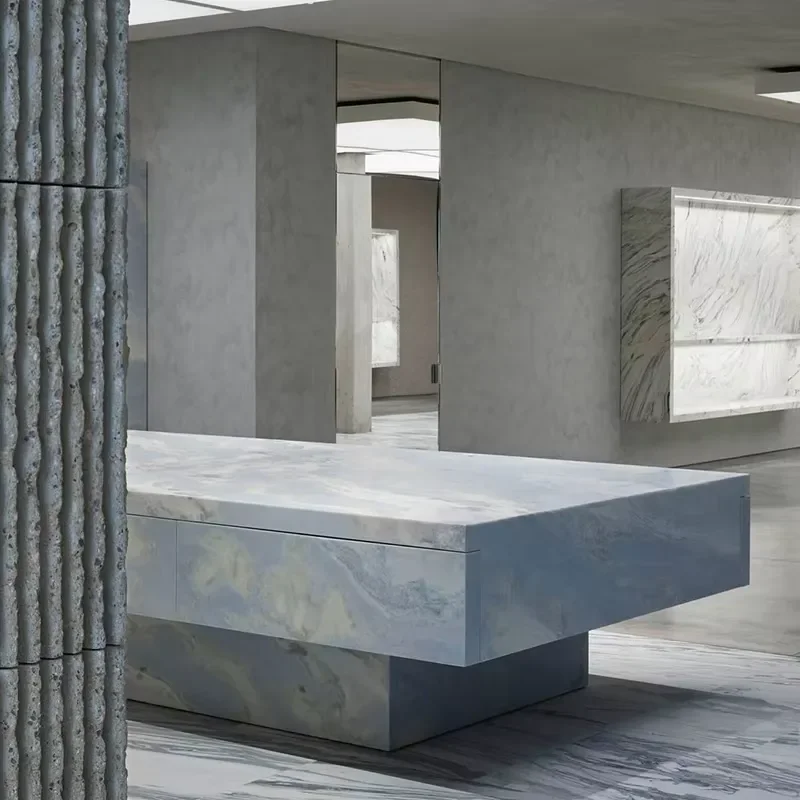 Custom Blue Agate Marble Side Table Modern Natural Stone Display Cabinet Travertine Base Reception Desk Store Show Stand