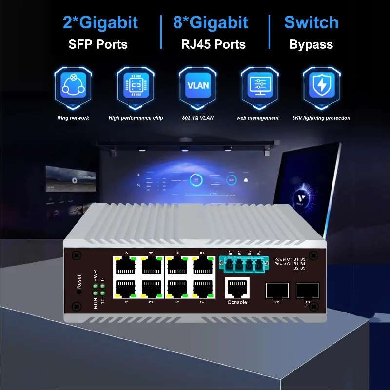 8-port RJ45 Network Management Gigabit 2 SFP Industrial Switch Optical Bypass, DIN Rail Installation, SNMP Function