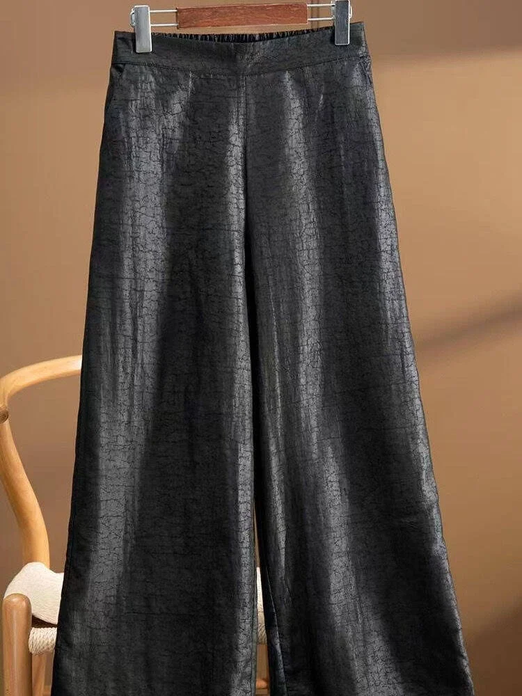 Spring Summer Women's Elastic Waist Loose Wide Leg Pants Ancient Method Xiangyun Silk Casual Slimming High Waist Zipper