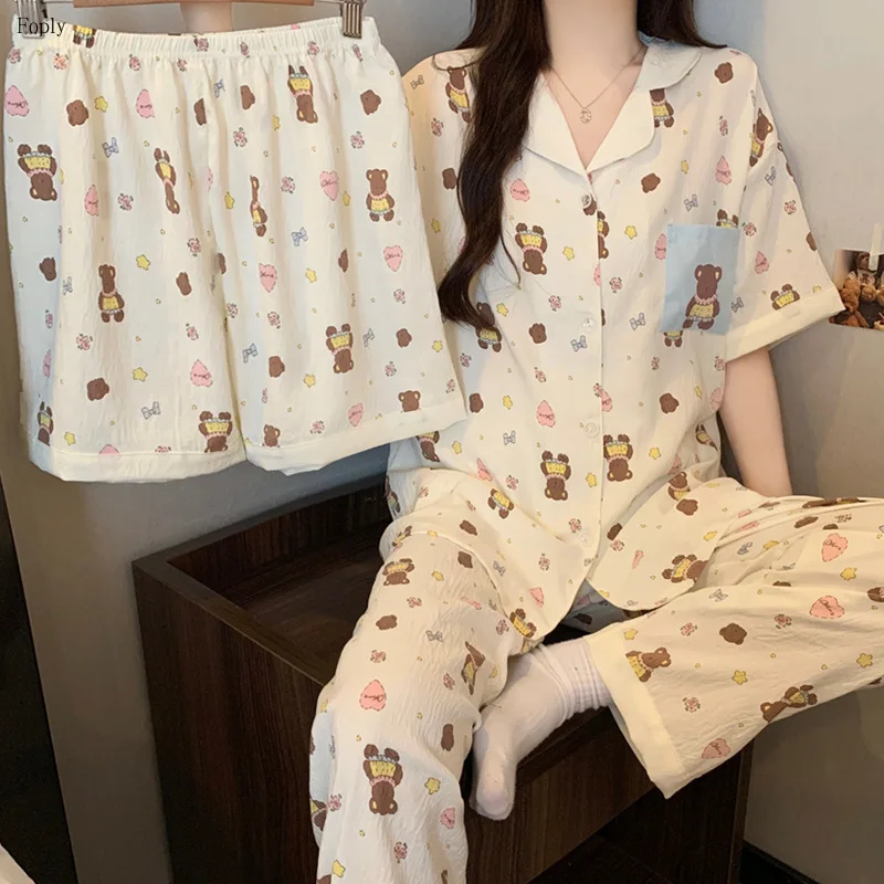 

Japanese Sweet Women's Pajamas Set Cloud Cotton Loungewear Summer New Short-sleeved Three-piece Set Thin Cartoon Bear Homewear