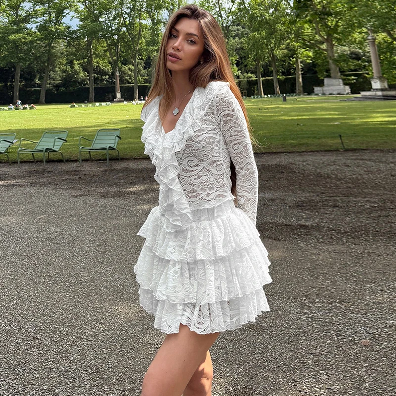 

Tornova Fashion Lace Skirt Two Piece Set Women's See Through Sexy T shirt Flare Sleeve High Waist Cake Skirt Female Dress Sets