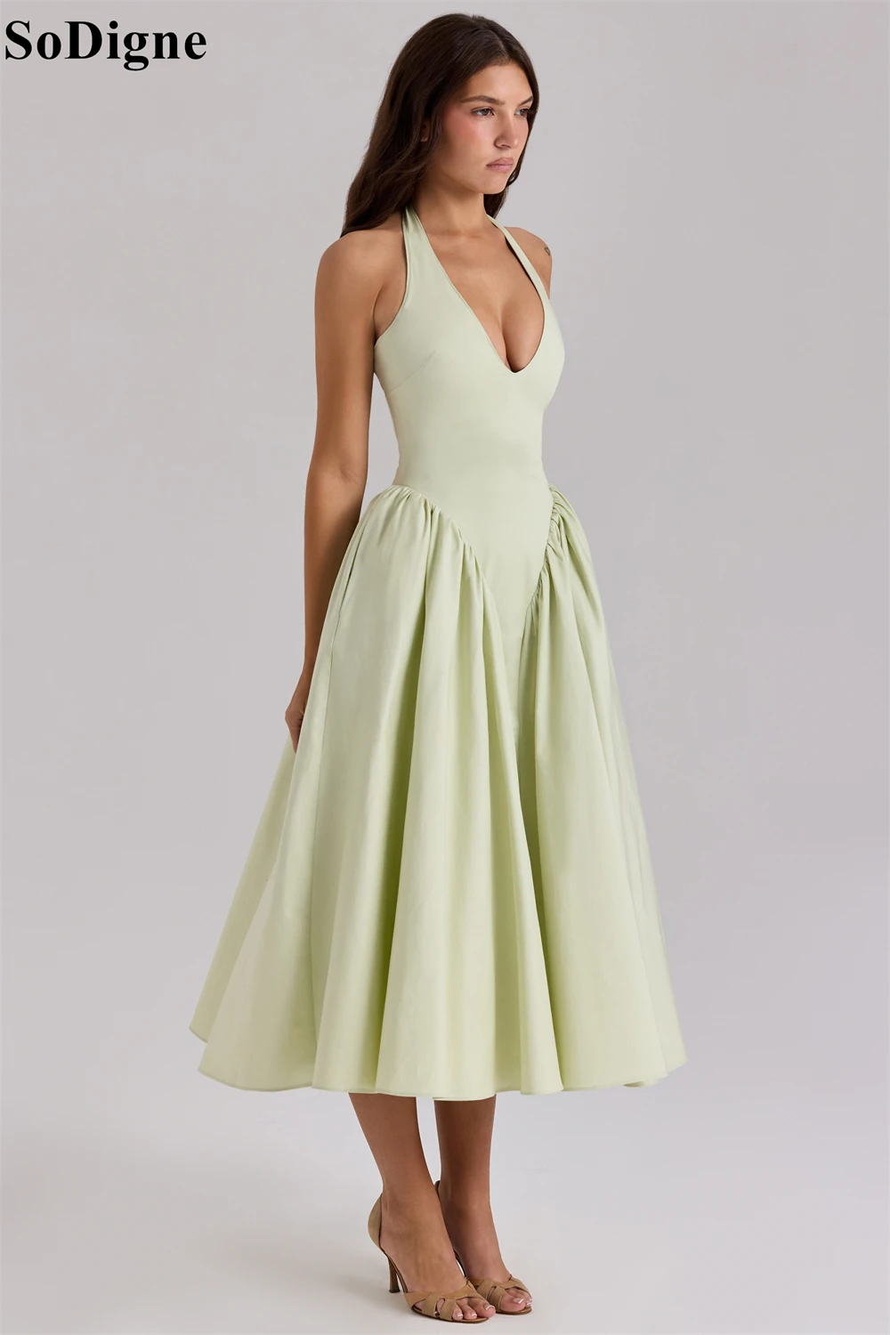 SoDigne Old School Green Evening Dresses A-Line Halter Pleated Simple Spring Sundress Marilyn Style Midi Prom Gowns Customized image 5