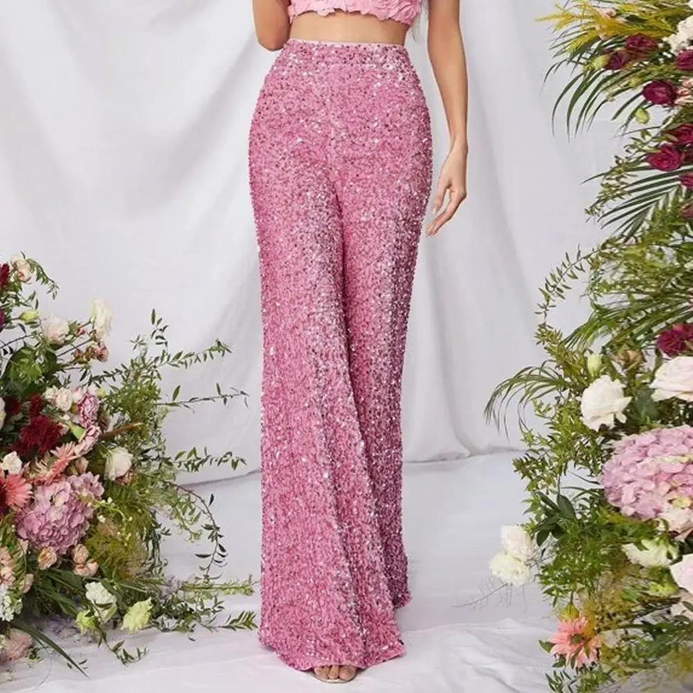 Frauen Elastische Hohe Taille Breite Bein Pailletten Hosen Funkelnden Glitter Stretchy Stoff Casual Party Club Datum Streetwear Hosen