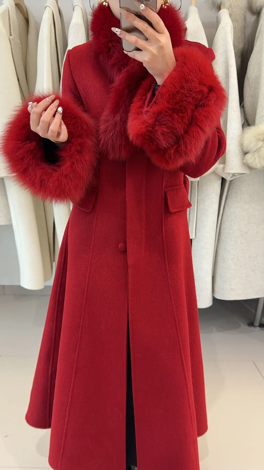 OFTBUY Damen-Wintermantel, warm, luxuriös, aus Wolle, mit Gürtel, langer Wollmantel mit echtem Fuchspelzkragen, schmal geschnitten, einfarbig, Oberbekleidung. – Detail 8