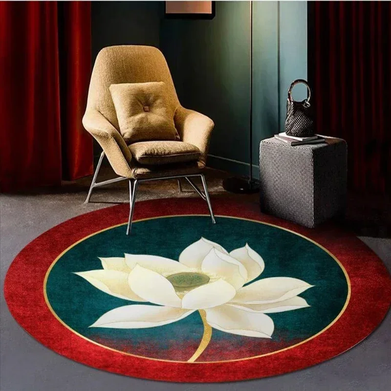 Lotus Flower Round Carpet – Chinese Style Retro Non-Slip Rug for Living Room, Bedroom, Yoga Mat, Chair Floor Decor