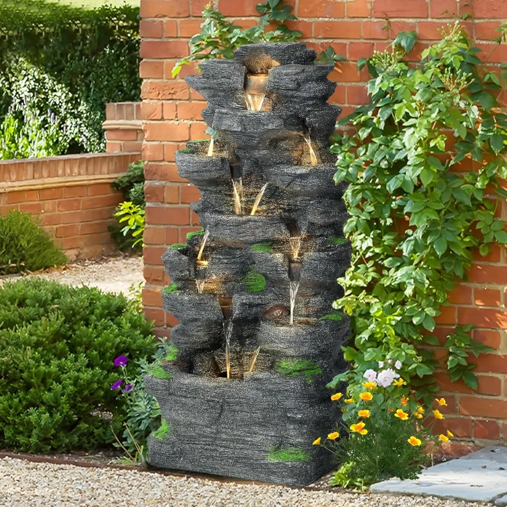 

10-Tier Cascading Rock Water Fountain Outdoor Garden Waterfall with Lights,Fountain Indoor Decor for Garden, Patio, Backyard, D