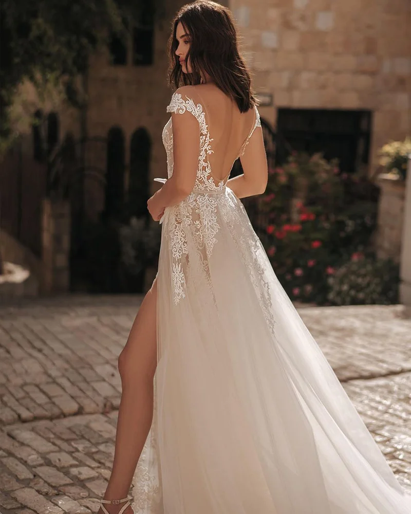 Sexy tule vestido de casamento alta divisão profunda v-neck apliques sem costas com tensão destacável tapete vermelho gato andar vestidos de noiva