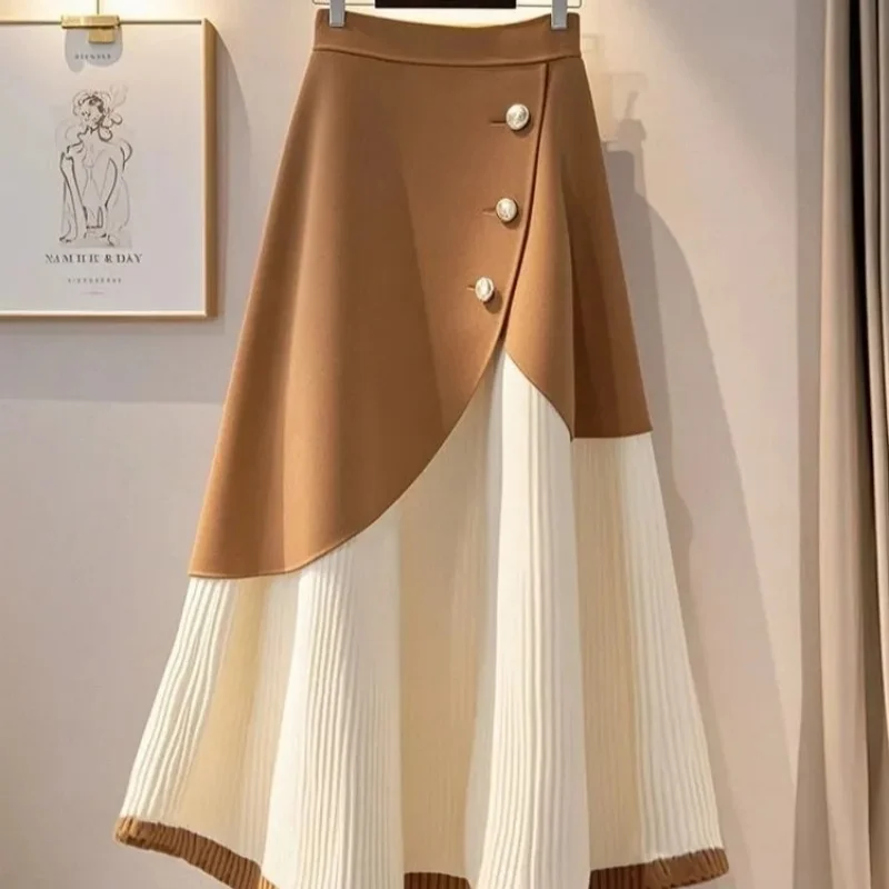 

khaki Stitching Knitted Skirt Women 2025Winter Fashion Western Style Explosion High Waist A- Line Skirt Lady Loose Elegant Skirt