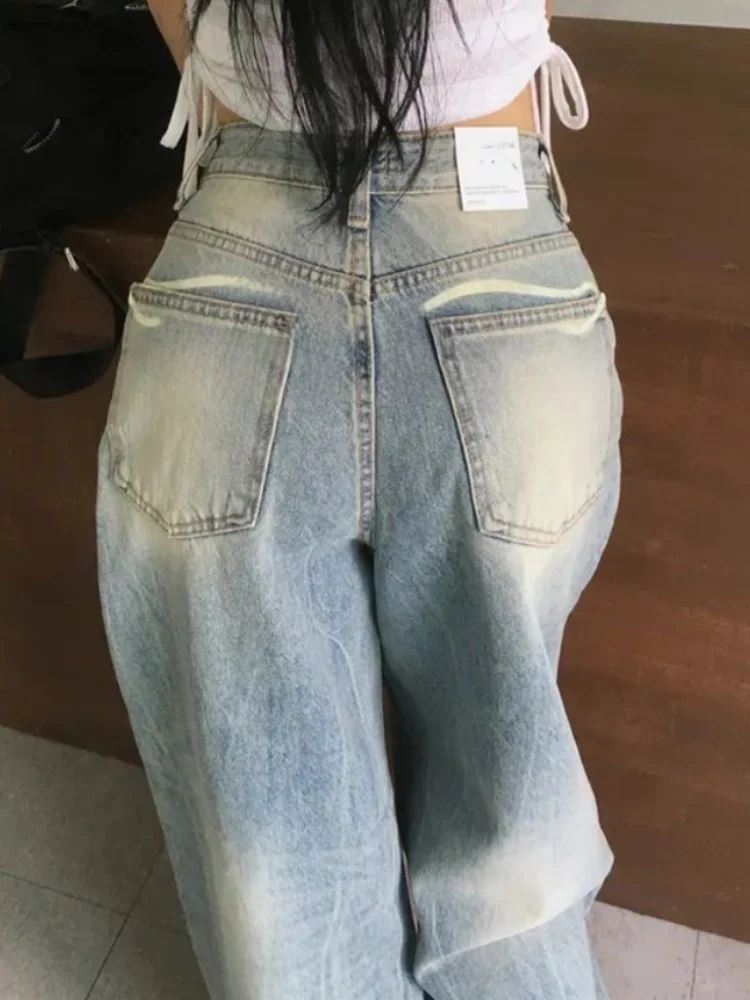 

Slimming Effect Washed Loose Straight Korean Style Jeans Women's Fashion Street Angel Wings Y2K Retro Casual Straight Leg Jeans
