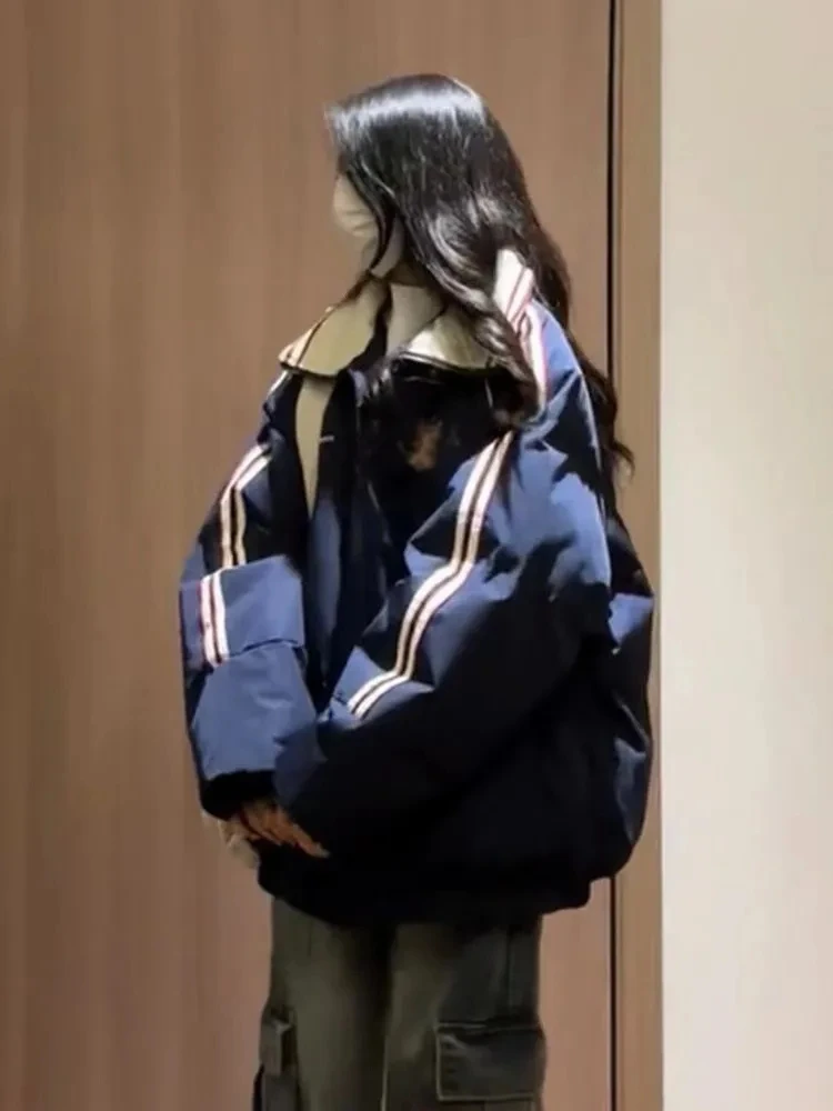 

Korean Sle Contrast Color Letter Embroidery Striped Cotton Jaet Women's Winter New Vintage Loose Student Bread Coat