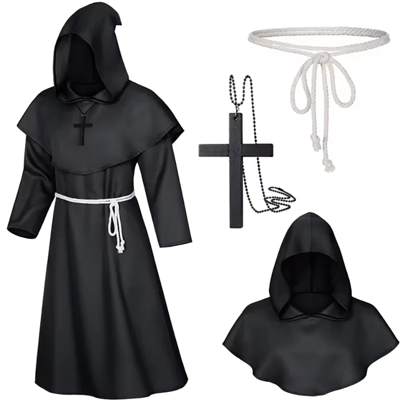 Cosplay Medieval Hooded Robe Costume Monk Friar Robes Priest Costume Ancient Clothing Christian Suit Halloween Wizard Costume