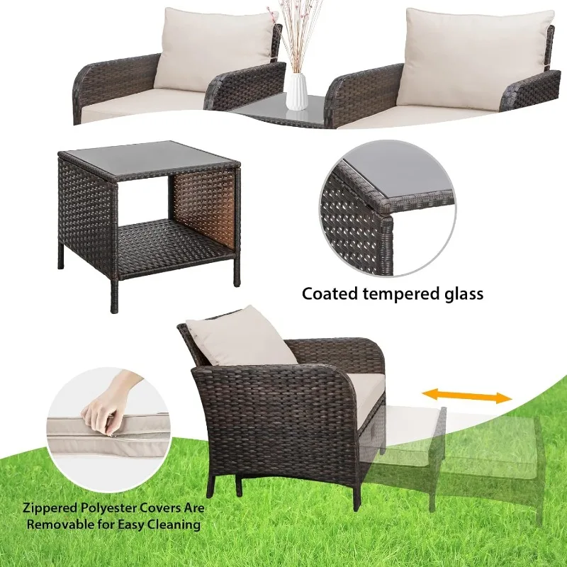 Balcony Furniture 5 Piece Patio Conversation Set,PE Wicker Rattan Outdoor Lounge Chairs with Soft Cushions 2 Ottoman&Glass Table