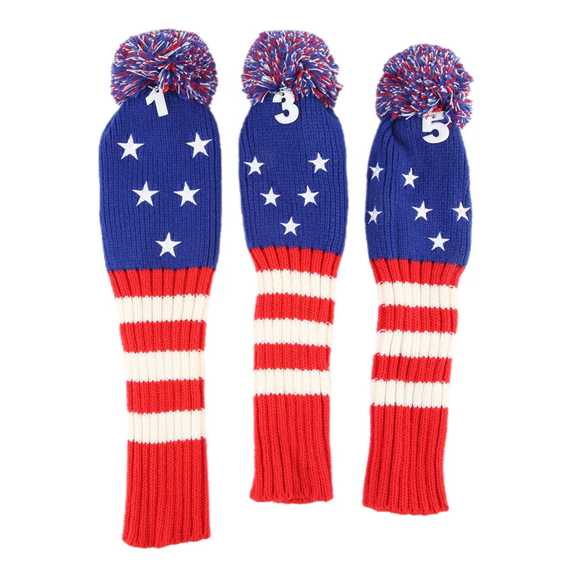 GOLF US Flag Knit Pom Pom White Blue Red Driver,Fairway Wood, Hybrid Head Cover Headcover for Callaway Mizuno Cobra Taylormade