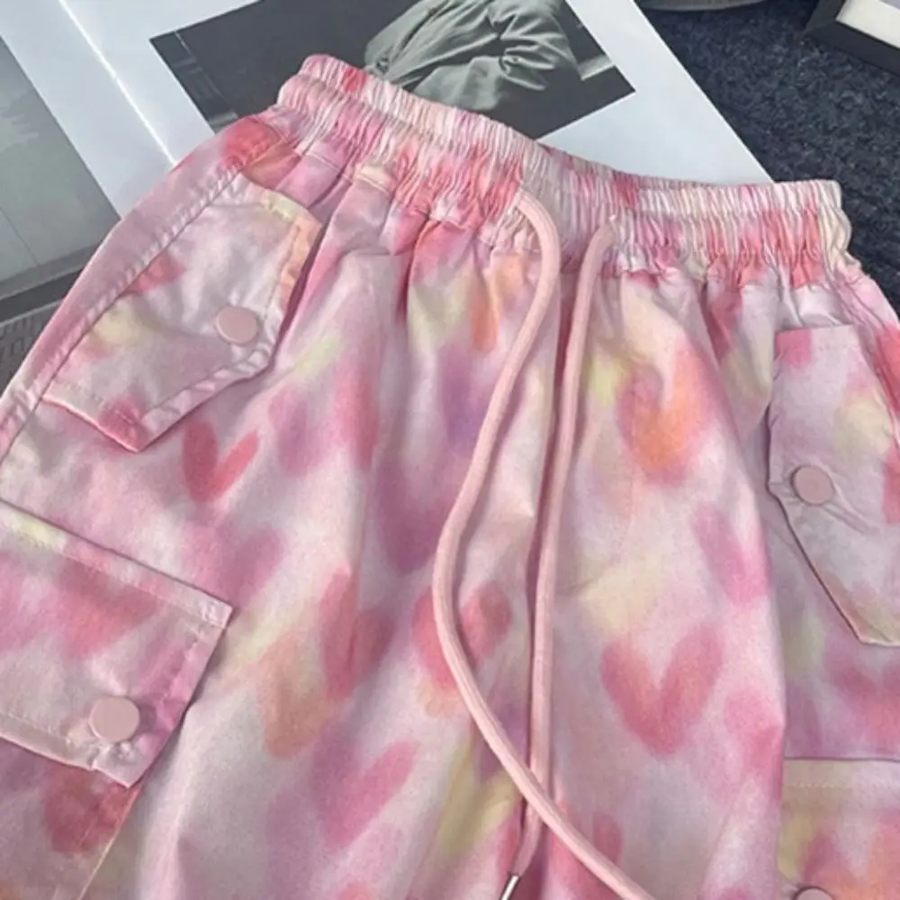 جيوب متعددة السراويل البضائع الفضفاضة الرباط ركض Y2k بنطال ذو قصة أرجل واسعة الهيب هوب عالية الخصر القلب الطباعة السراويل فتاة الرياضة