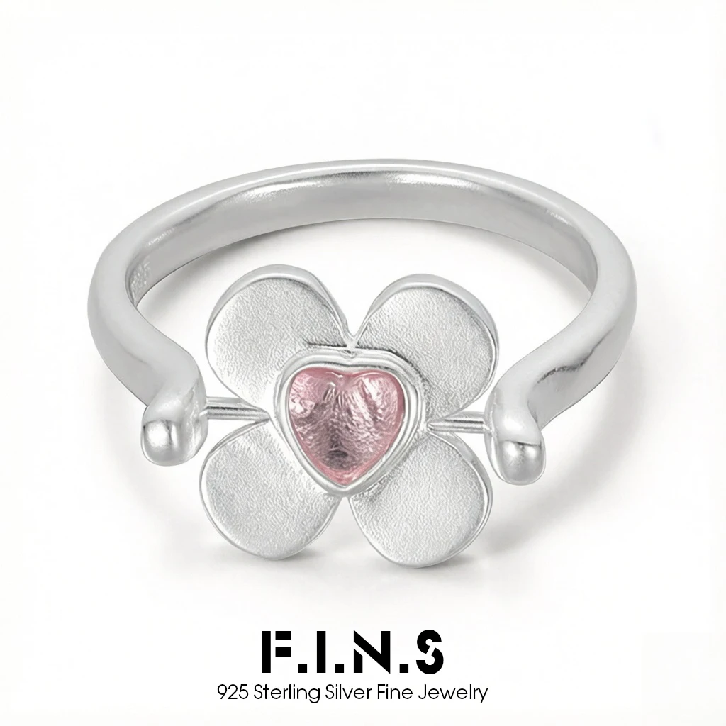 F.I.N.S Korean Design S925 Sterling Silver Four-Leaf Clover Flower Ring Pink Blue Green Zircon Statement Finger Fine Jewelry