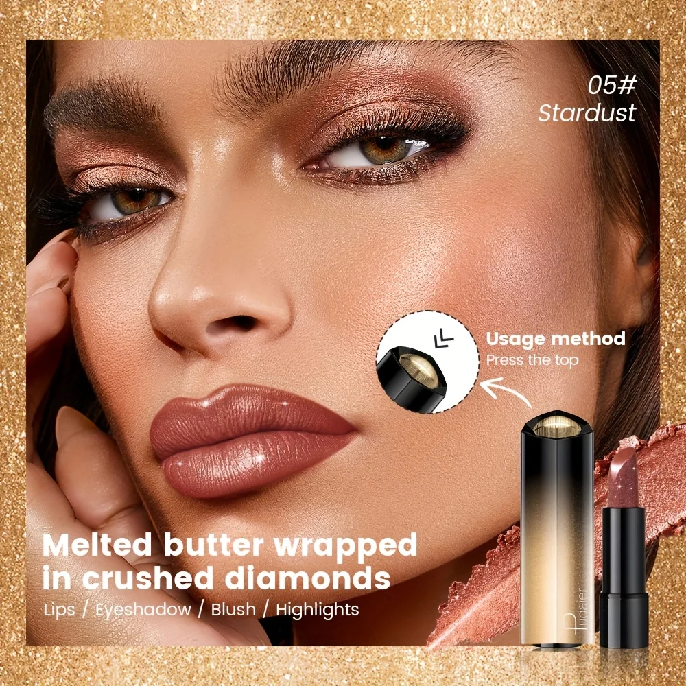 Rossetto glitterato metallizzato, lucentezza perlata, texture cremosa a lunga tenuta, trucco per feste ad alta pigmentazione