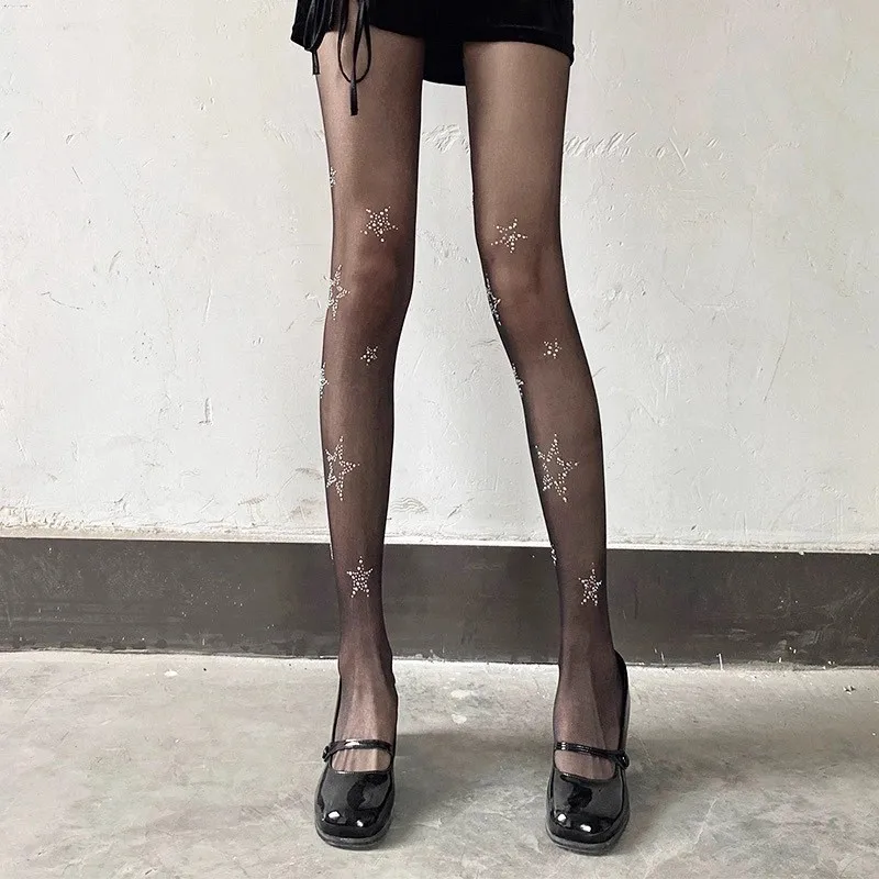Kawaii Y2K Star Drill Decorated Sheer Tights Young Girls Hot Girl Style Sexy Hosiery For Dating Bar Street Matching Look