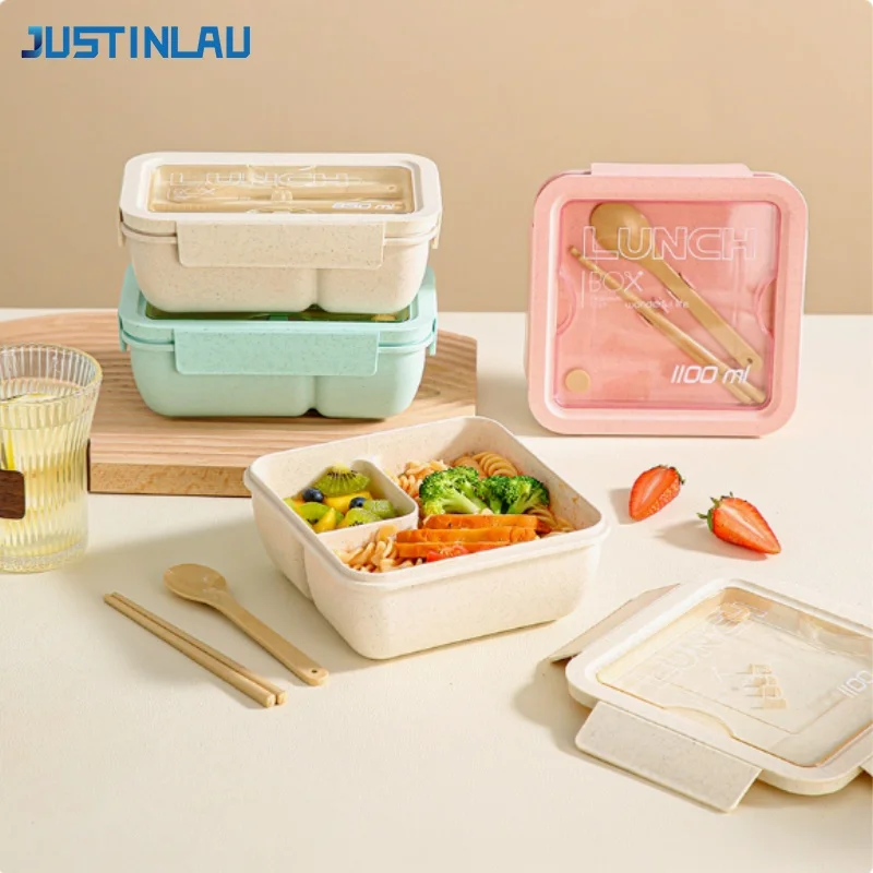 JUSTINLAU 850/1100ML Lunch-Bento-Boxen aus Weizenstroh, Behälter zur Aufbewahrung von Lebensmitteln mit Löffel und Stäbchen, BPA-frei, Obst- und Gemüsebox
