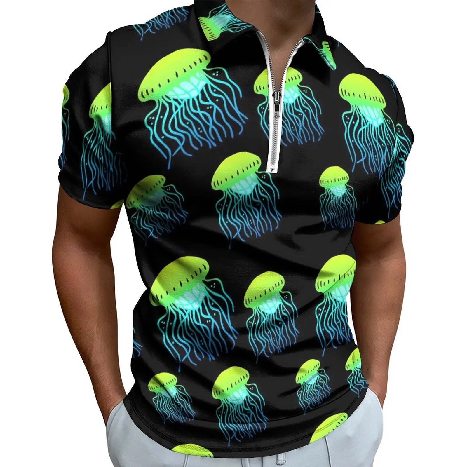 Neon Jellies Polo Shirt Green Jelly Fish Casual Shirt Summer Y2K Men Short Sleeve Collar Graphic T-Shirts