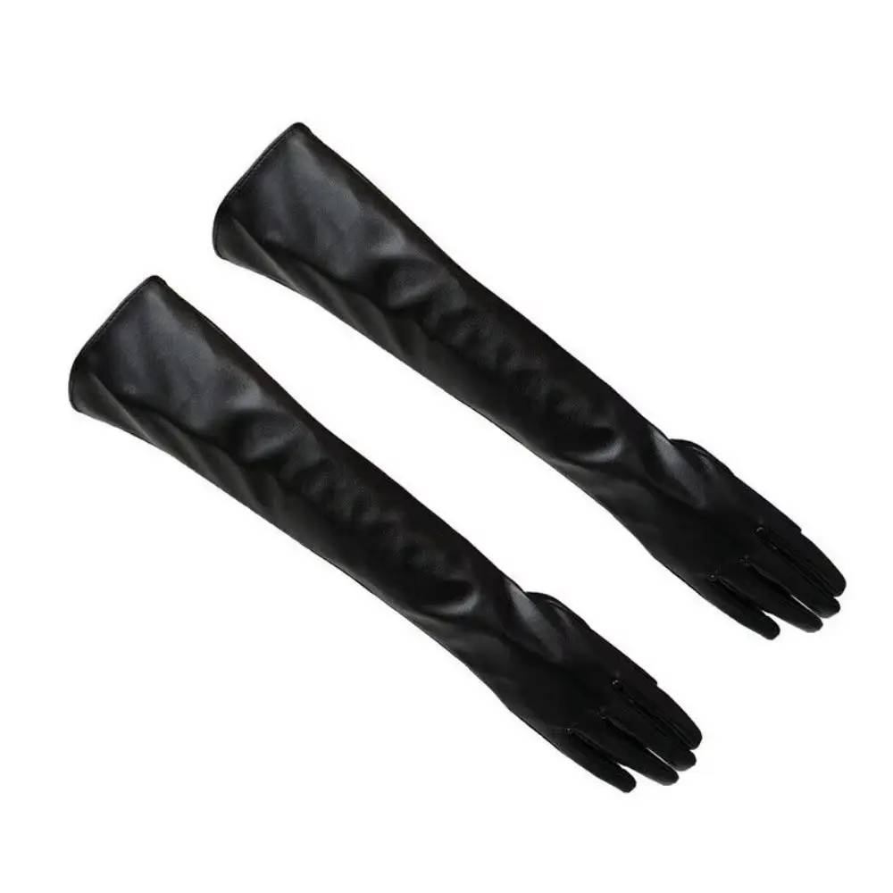 High Quality Solid Color Pu Leather Gloves Full Finger 1920s Long Gloves Retro Warm Touch Screen Mittens Women