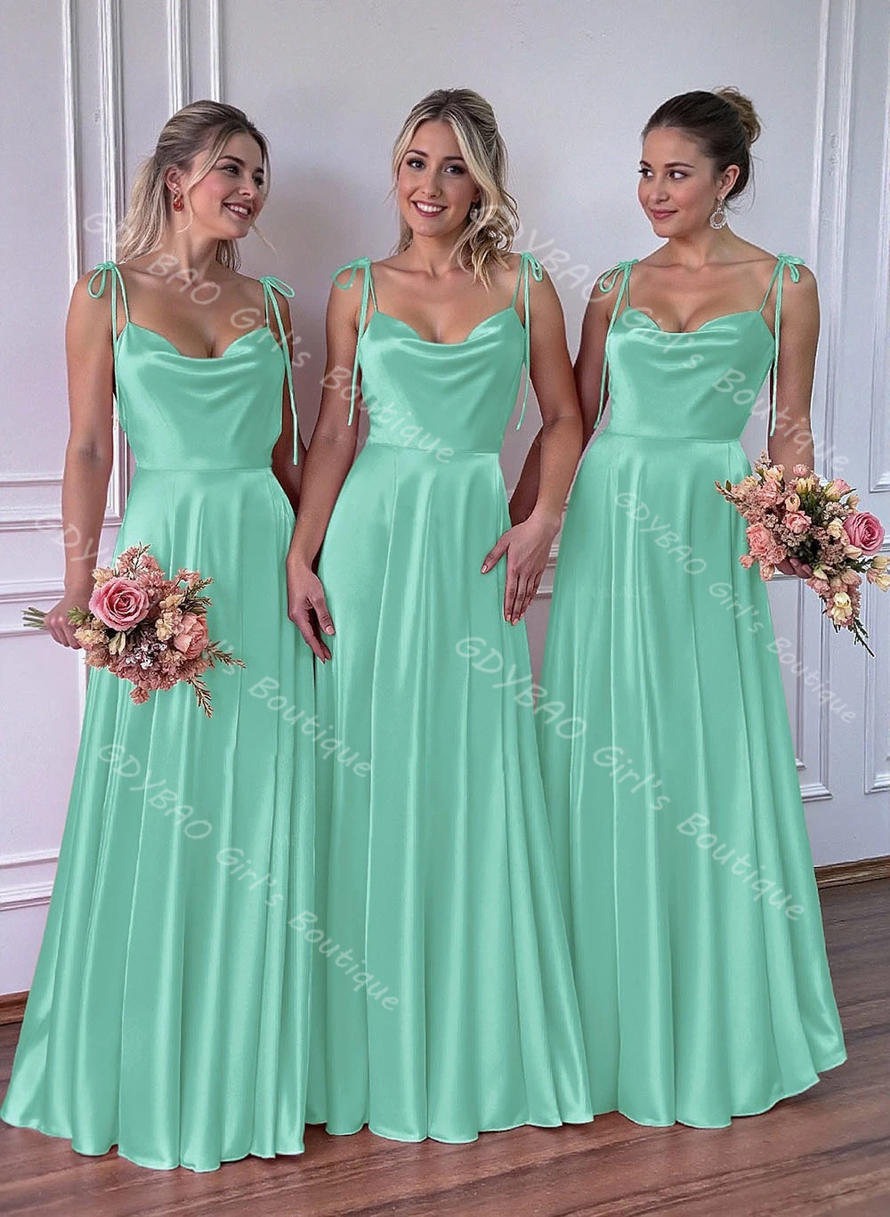 Customized Women's Bridesmaid Dress A-Line Cowl Neck Spaghetti Strap Wedding Party Dress Satin Robe Backless Prom Evening Gown