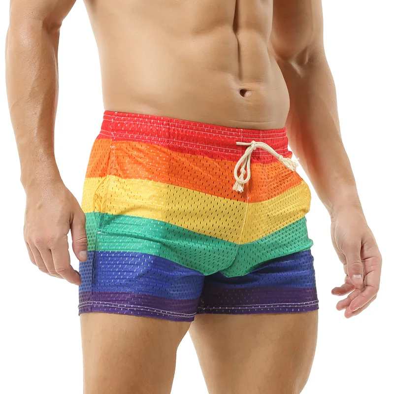 Men's Sexy Beach Short Pants Rainbow Mesh Trunks Sexy Beachwear Casual Boxers Shorts Bottoms Pocket Quick-dry Drawstring