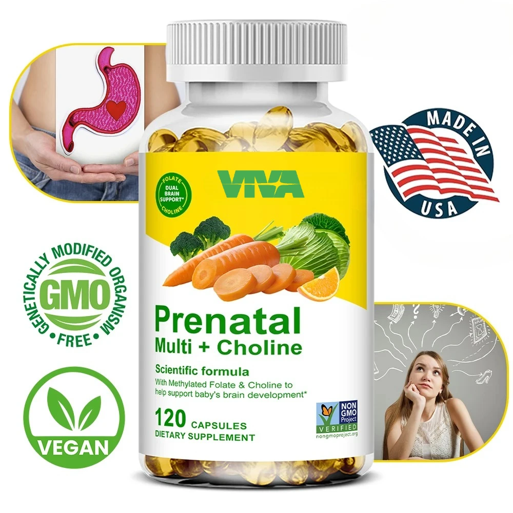 Prenatal Multivitamin + Choline Capsules, with Methylated Folate and Choline, To Help Support Baby's Brain Development
