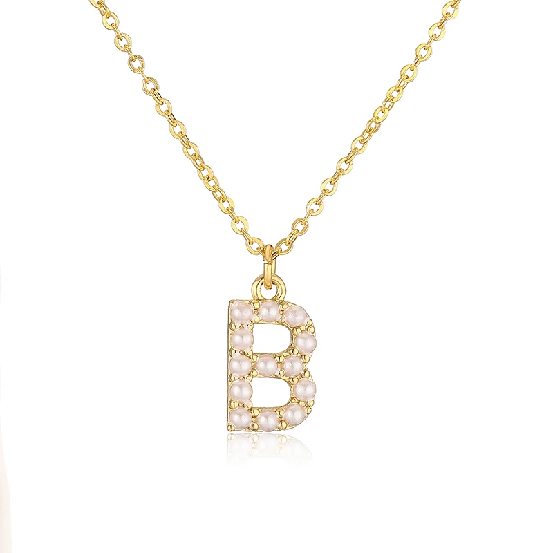 HECHENG Brass Material Glossy Elegant Pearl Initial A-Z Necklace Women's Luxury Letter Charm Rope Chain Necklace