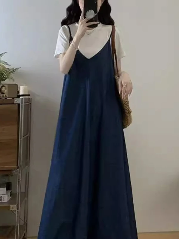 Ensemble deux pièces décontracté et respirant pour femme grande taille 300, en jean, avec T-shirt et jupe longue, coupe ample, idéal pour l'été