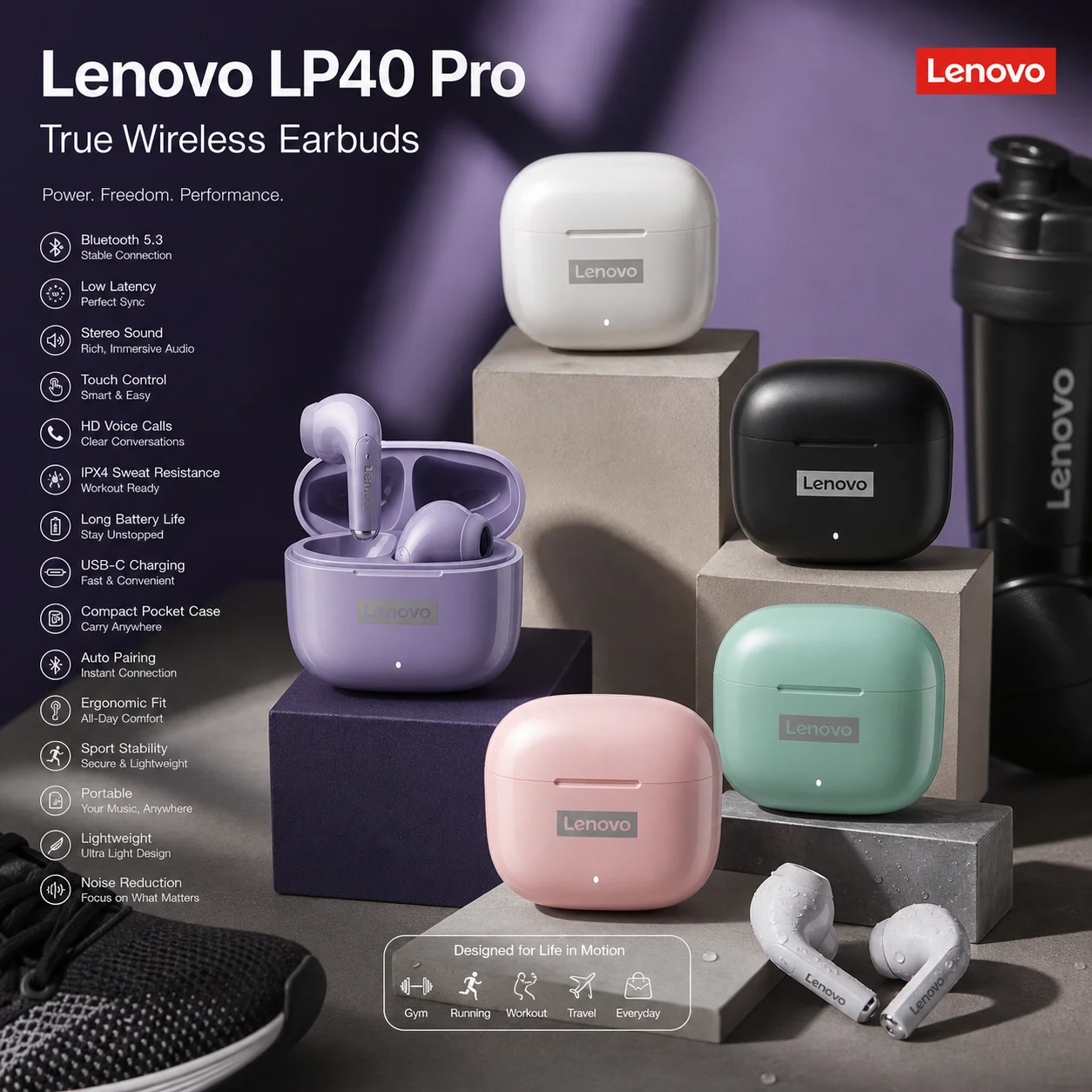 Lenovo LP40 Pro TWS Wireless Earphones Touch Control Gaming Bluetooth Earphones Headphones IPX5  Waterproof Sport  Earphone  NEW