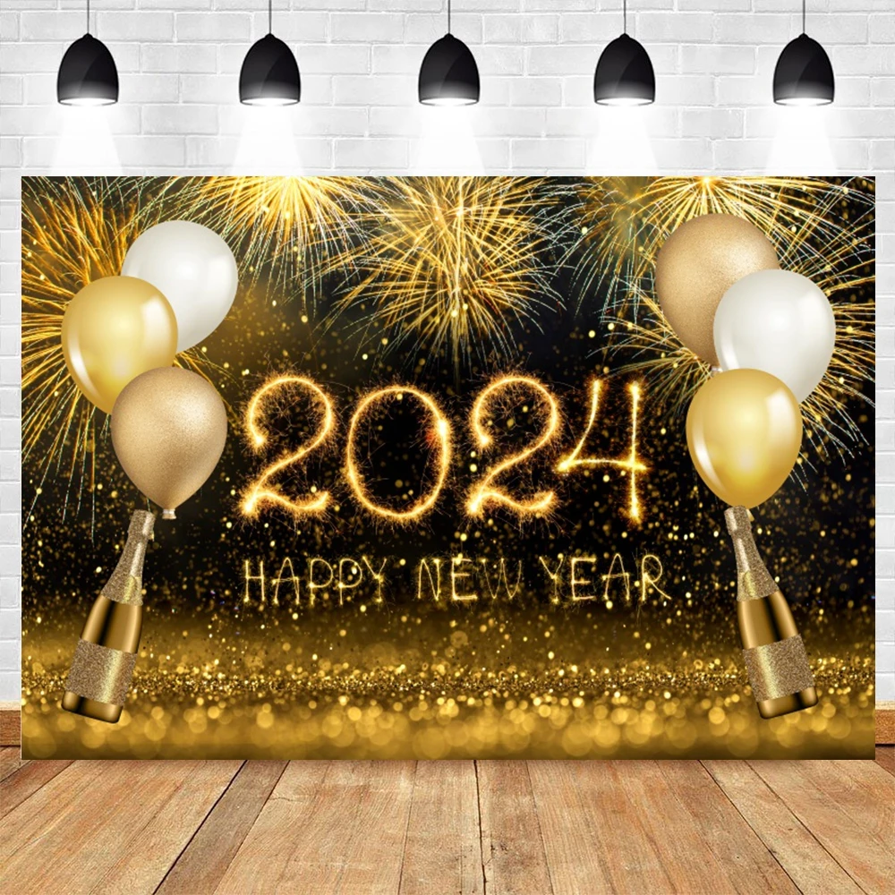 2024 New Year Photography Background Champagne Fireworks Gifts New Year Carnival Party Backdrop Golden Bokeh Baby Photocall