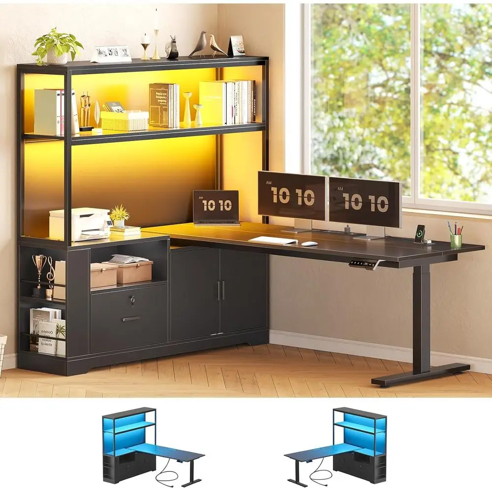 

Reversible L-Shaped Standing Desk with Drawers, Hutch, LED Lights & Power Outlets for Home Office or Gaming, Black