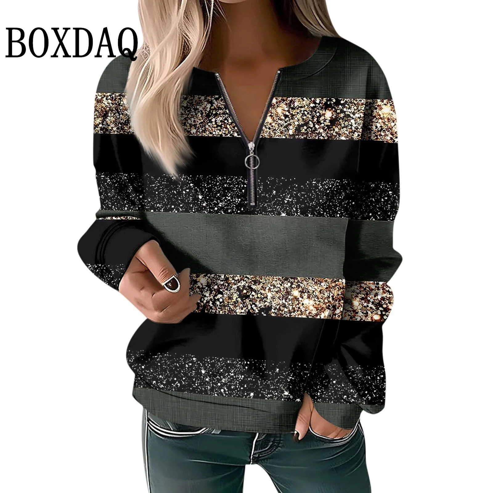 مخطط سستة الخامس الرقبة شارع العليا امرأة طويلة الأكمام البلوز الخريف اللون منعت مطبوعة المرأة بلايز ملابس كاجوال فضفاضة