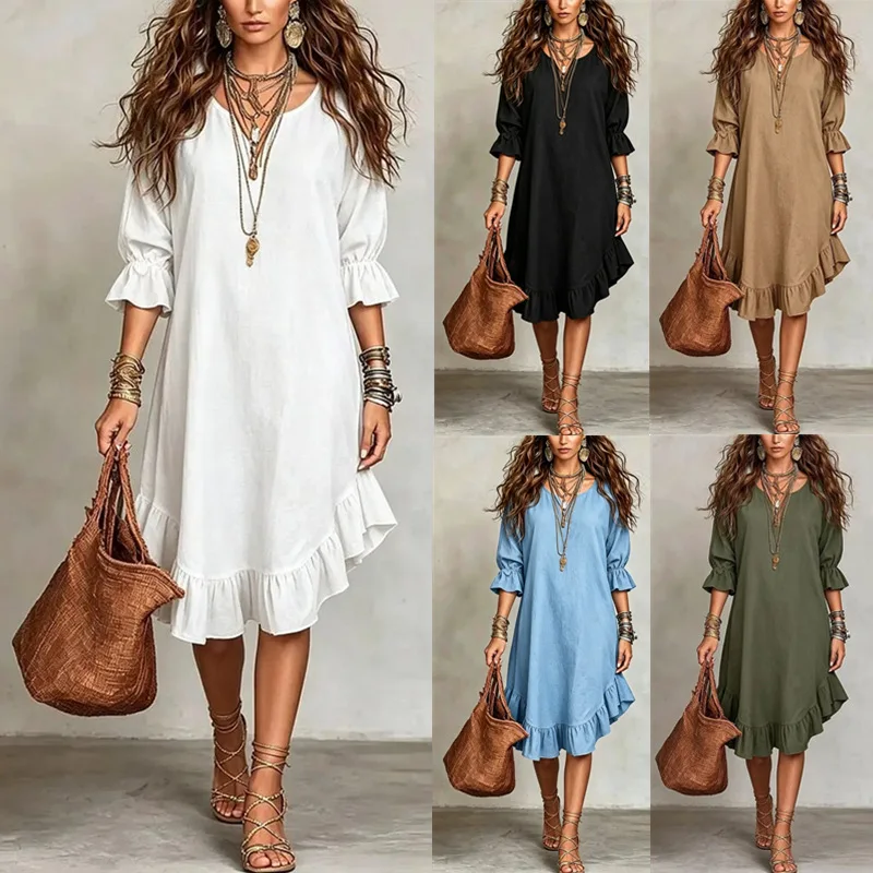 Elegant V-Neck Midi Sleeve Dress with Hem Ruffle Detail European And American Woven Fabric Women's Fashion 2026