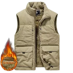 Winter Men's Cargo Hunting Vests Thick Fleece Warm Sleeveless Jacket Solid Outdoor Tactical Vests Male Fishing Work Waistcoat
