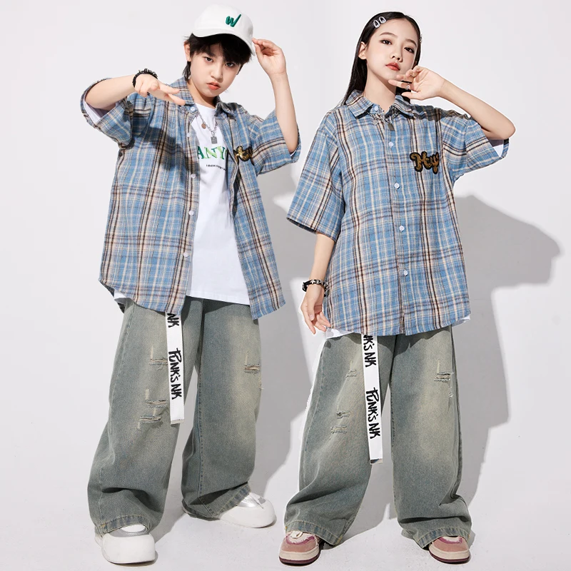 Boys Hip Hop Outfits Stripe Shirt Cargo Pants Girls Street Dance K-pop Pants Children Streetwear Clothes Sets Kids Jazz Costumes