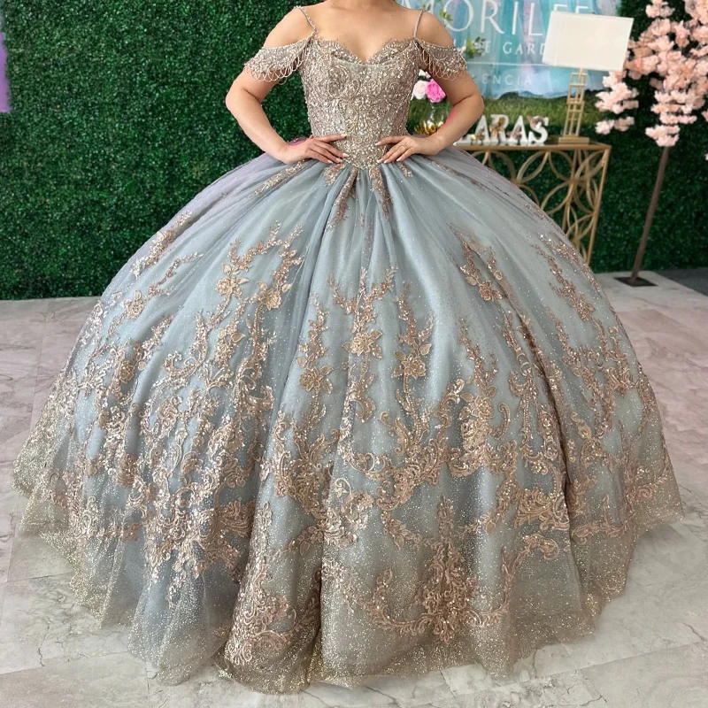 

Blue Beading Tassel Ball Gown Quinceanera Dress Spaghetti Sequined Appliques Lace Tull Sweet 16 Vestidos De 15 Años