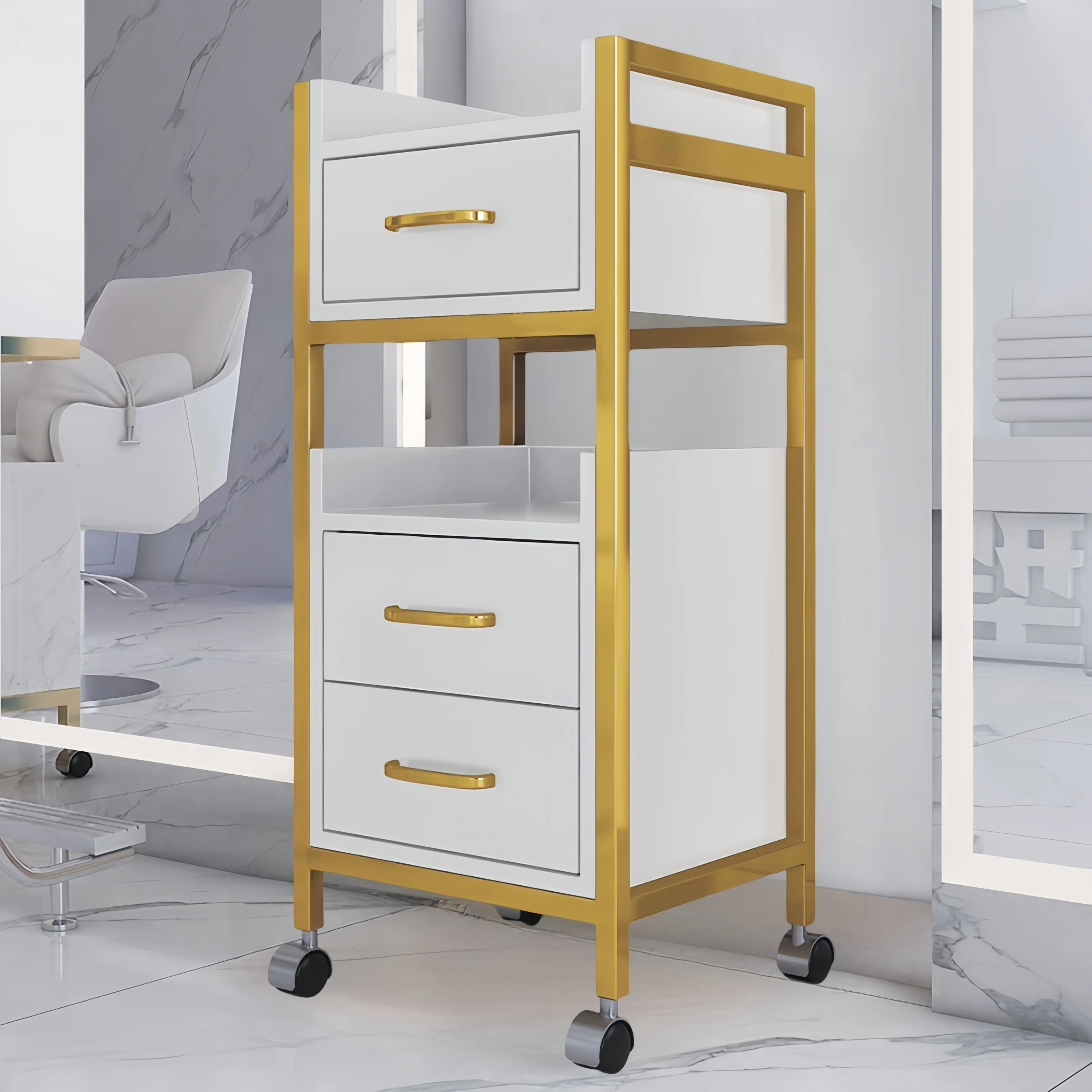 Multifunctional Salon Trolley, Metal Wooden Cabinet, Barber Shop Furniture, Haircut Storage, Drawer Organizer