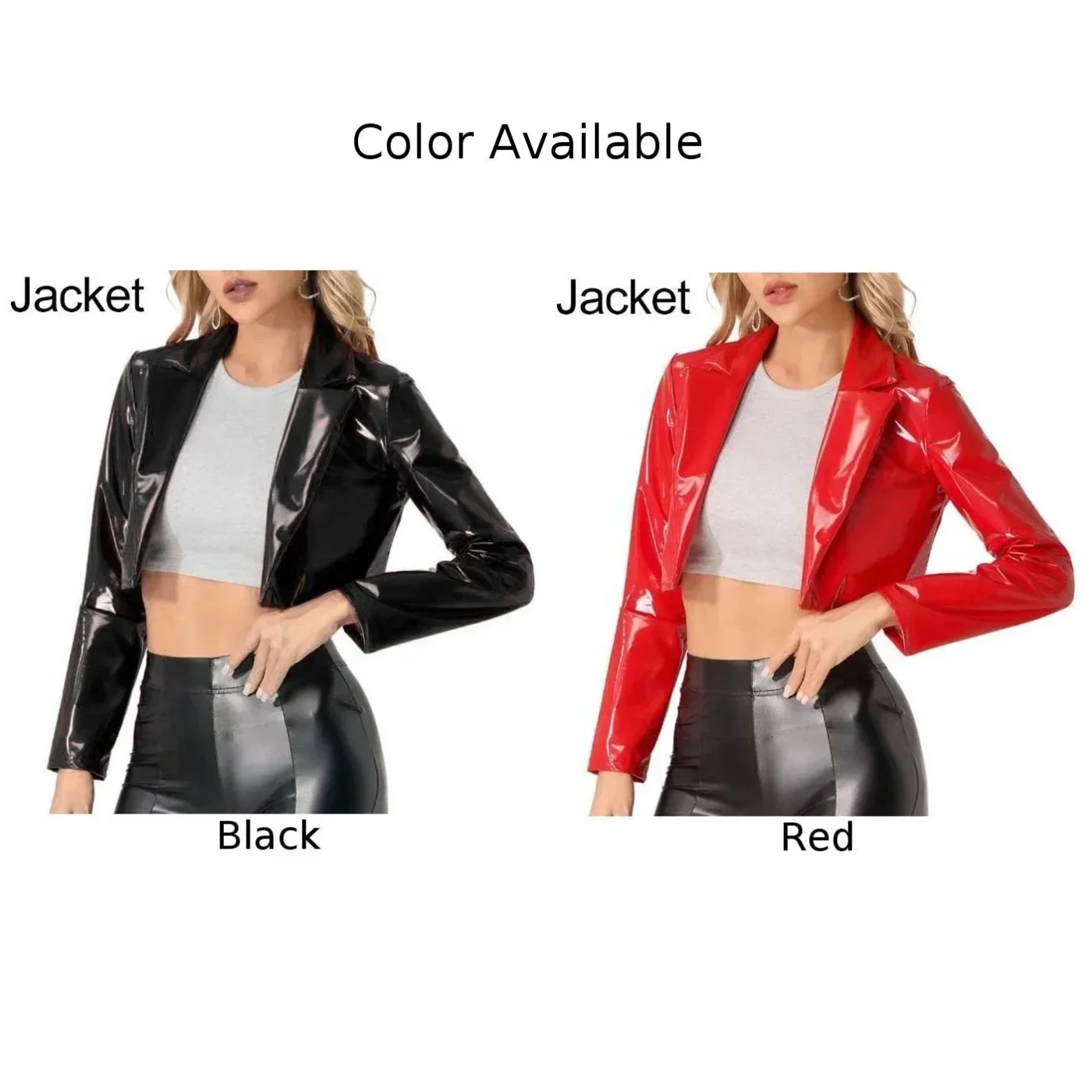 سترة نسائية طويلة الأكمام لامعة ، جلد براق ، معطف قصير بطية صدر ، حفلة النادي