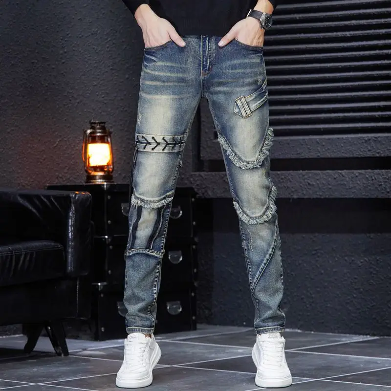 2023 Fashion Brand Embroidery Zipper Ragged Edge Panel Men\'s Jeans Retro Wearing Rope Korean Version Retro demin jeans