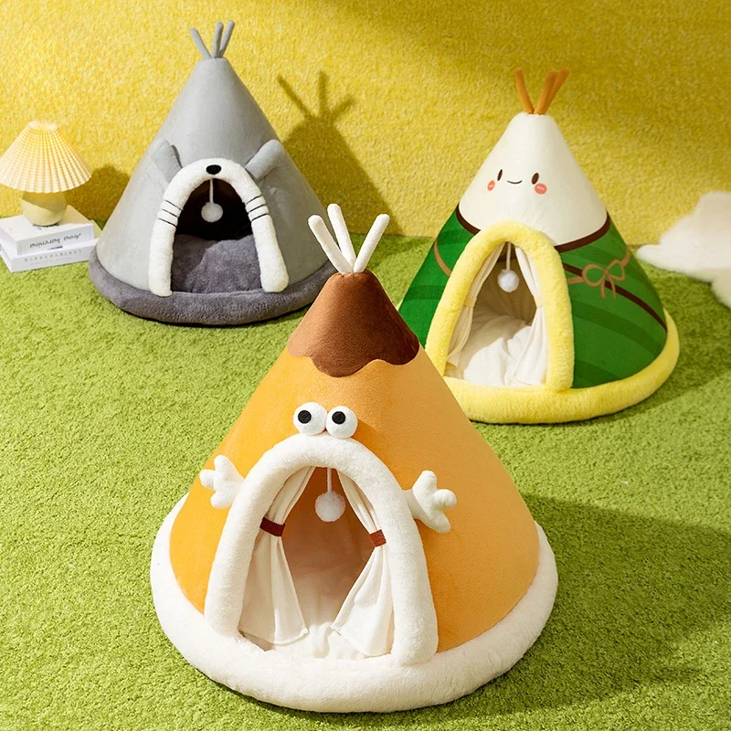 

Autumn and Winter Cat Warm Thickened Tent Cat Litter Dog Small Dog Cute Triangular Kennel Yurt Pet Supplies Puppy Accessories