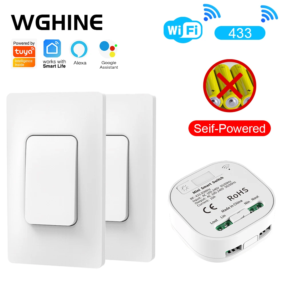 

WGHINE Tuya WIFI Smart Switch RF433mhz Battery Free American Remote Control Button Wall Switch Alex Google Home