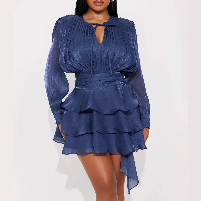 

Tie Up Pleated Design Cake Skirt Short Dress Women's Clothing