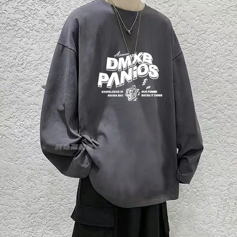 Fashion Plus Size Men's T-shirt, Spring and Autumn Classic Hong Kong Style Casual Long Sleeved Simple Western Style Loose Top