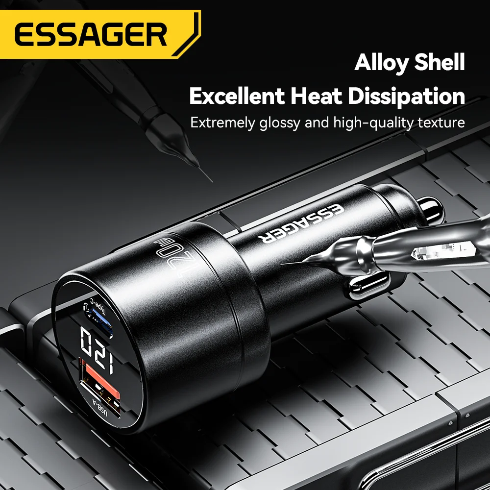 Essager 120W PD Car Charger Super Fast Charger QC 4.0 PD 3.0 For iPhone 15 14 Samsung Type-C USB Charger Portable Phone Charger