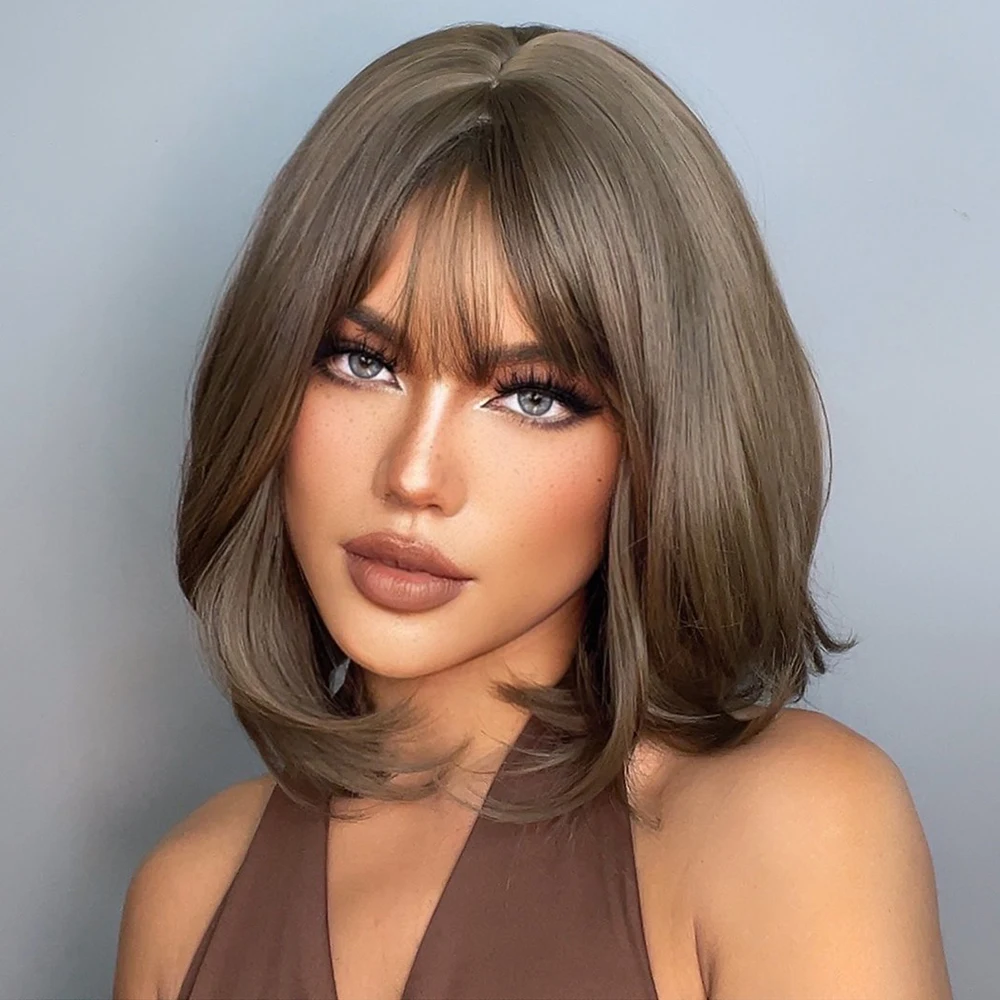 ALAN EATON Brown Short Hair Wig With Bangs Straight Synthetic Wig for Women Natural Looking Daily Fake Hair Heat Resistant Fiber