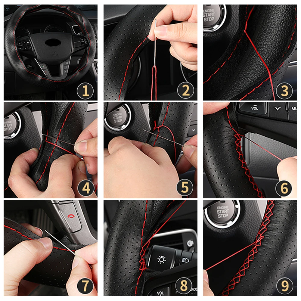 Rare Color Black With Blue Thread Car Steering Wheel Cover Faux Leather Hand Sewing DIY Soft Grip Universal 38cm Steering Wheel